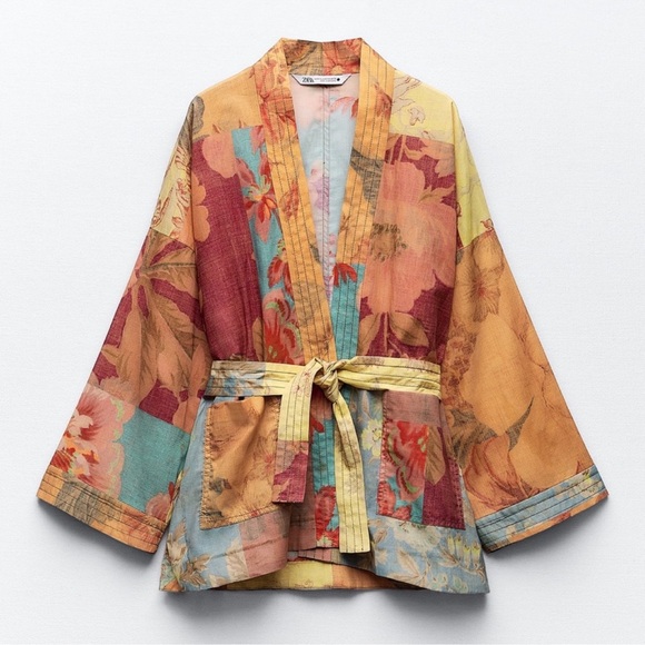 NWT ZARA PATCHWORK PRINT KIMONO with Belts Size Medium/Large - Picture 3 of 12